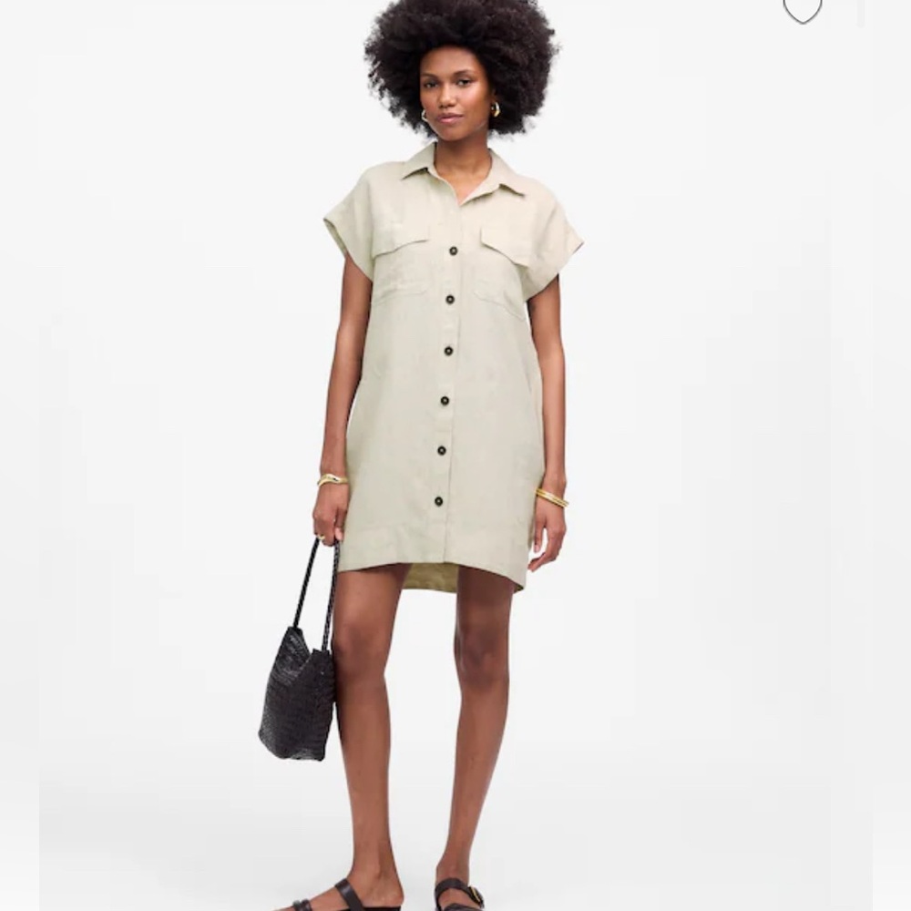 Madewell Linen Shirt Dress Large Oat Beige Utility Mini Dress Relaxed Fit Summer